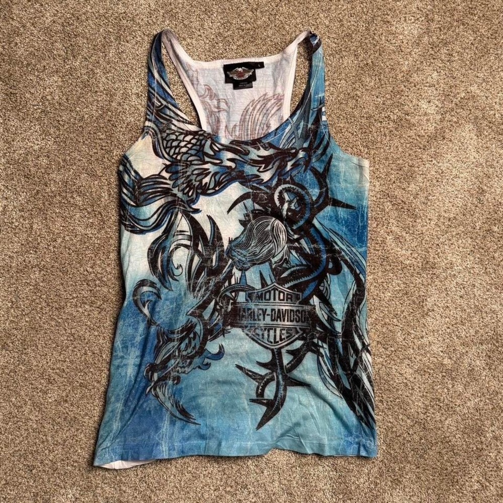 BLUE HARLEY DAVIDSON TRIBAL PRINT TANK TOP